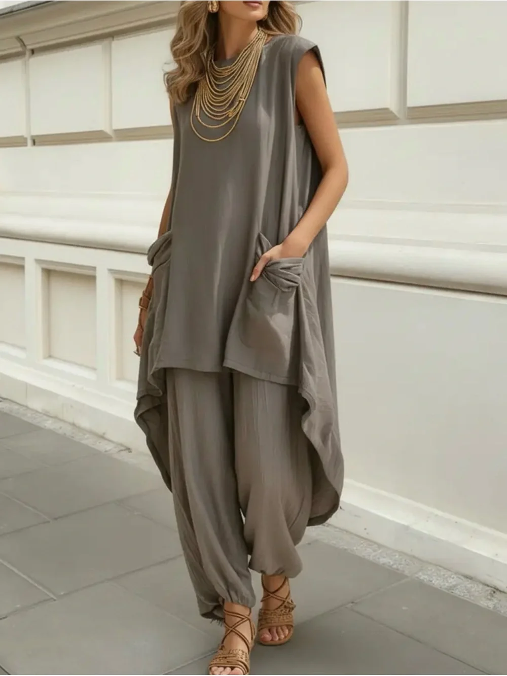 Relaxed Sleeveless Tunic & Harem Pants Set - Taupe Olive Brown M NEW